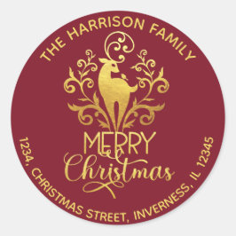 Elegant Gold Deer Frohe Weihnachtsadresse Red Runder Aufkleber
