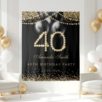 Elegant Gold Diamonds 40th Birthday Party Backdrop Wandteppich
