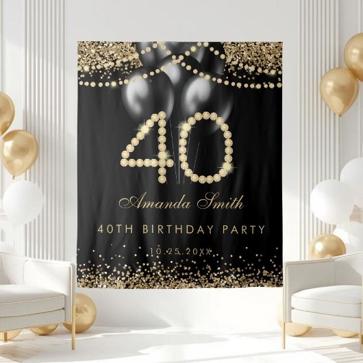 Elegant Gold Diamonds 40th Birthday Party Backdrop Wandteppich