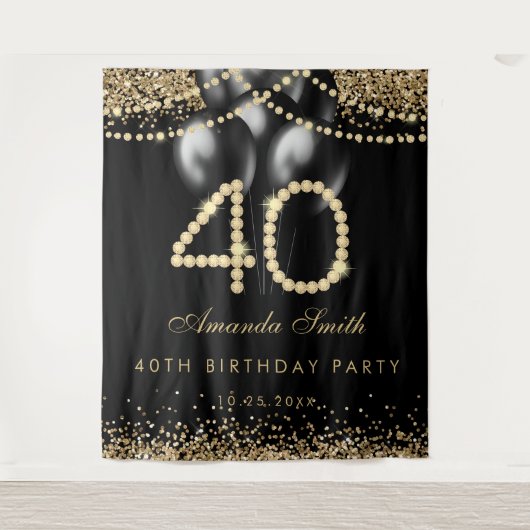 Elegant Gold Diamonds 40th Birthday Party Backdrop Wandteppich (Vorderseite)