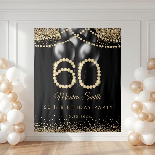 Elegant Gold Diamonds 60th Birthday Party Backdrop Wandteppich