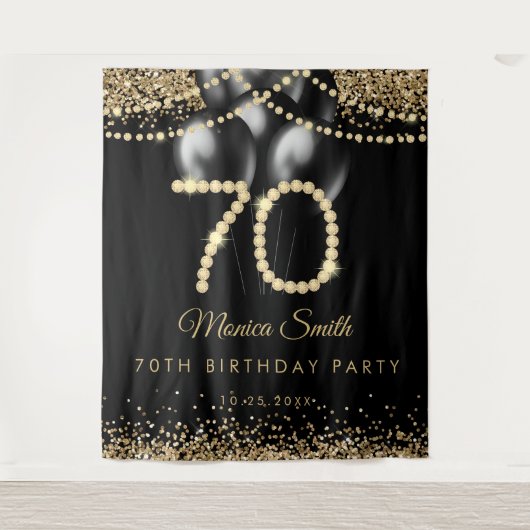 Elegant Gold Diamonds 70th Birthday Party Backdrop Wandteppich (Vorderseite)