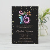 Elegant Gold Diamonds Black Balloon Sweet 16 Einladung (Stehend Vorderseite)
