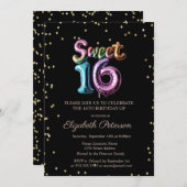 Elegant Gold Diamonds Black Balloon Sweet 16 Einladung (Vorne/Hinten)