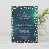 Elegant Gold Dots, Tiara Green Quinceañera Einladung (Stehend Vorderseite)