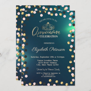 Elegant Gold Dots, Tiara Green Quinceañera Einladung