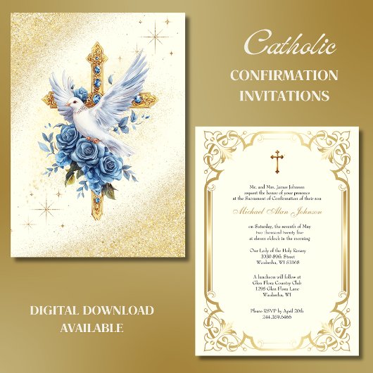 Elegant Gold Dove Blue Rose Taufe Einladung