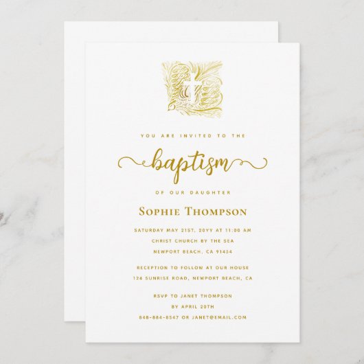 Elegant Gold Dove White Cross Religiöse Taufe Einladung (Vorne/Hinten)