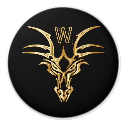Elegant Gold Dragon Head Initial Keramikknauf (Vorderseite)