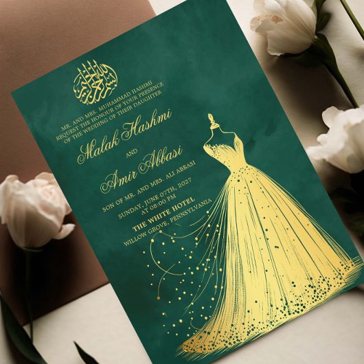 Elegant Gold Dress Green Islamische Hochzeit Einladung
