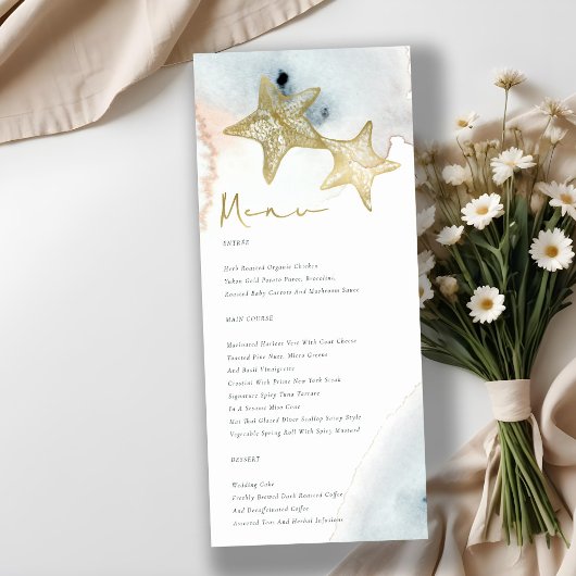 ELEGANT GOLD DUSKY BLUE BEACHY STARFISH WEDD MENÜKARTE