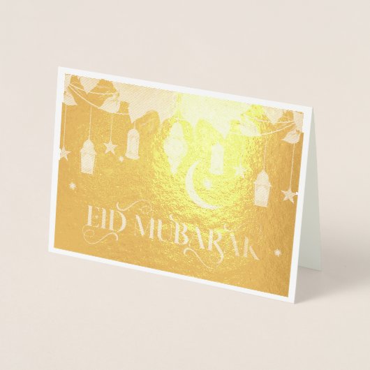 Elegant Gold Eid Mubarak Lanterns + Mond Folienkarte (Vorderseite)