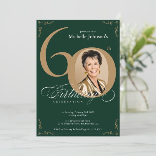 Elegant Gold Emerald 60. Geburtstag Einladung (Stehend Vorderseite)
