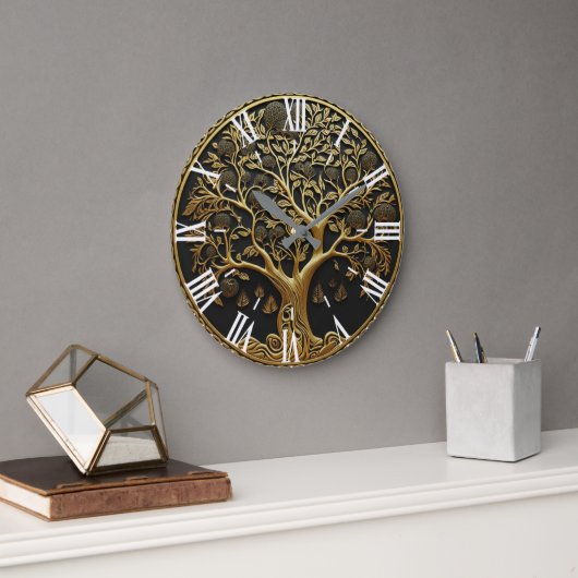 Elegant Gold Engraved Tree  Große Wanduhr (Büro)