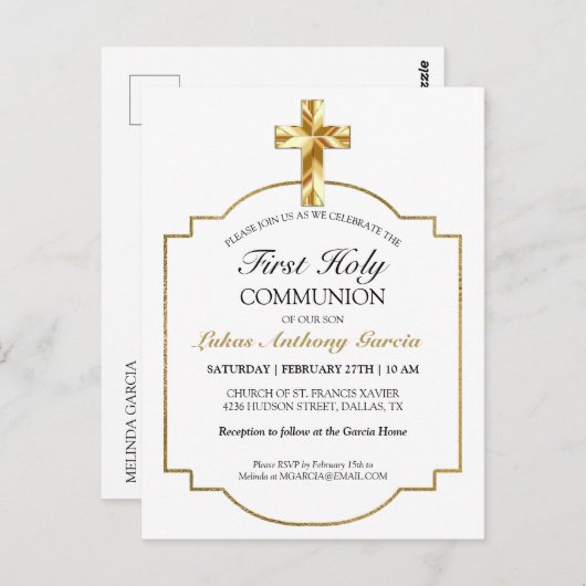 Elegant Gold Erstklassige Kommunion Einladung Postkarte (Vorne/Hinten)
