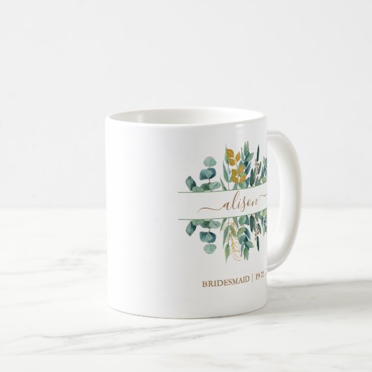 Elegant Gold Eucalyptus Bridesmaid Gift Keepake Kaffeetasse (VorderseiteRechts)