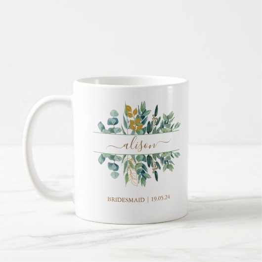 Elegant Gold Eucalyptus Bridesmaid Gift Keepake Kaffeetasse (Links)