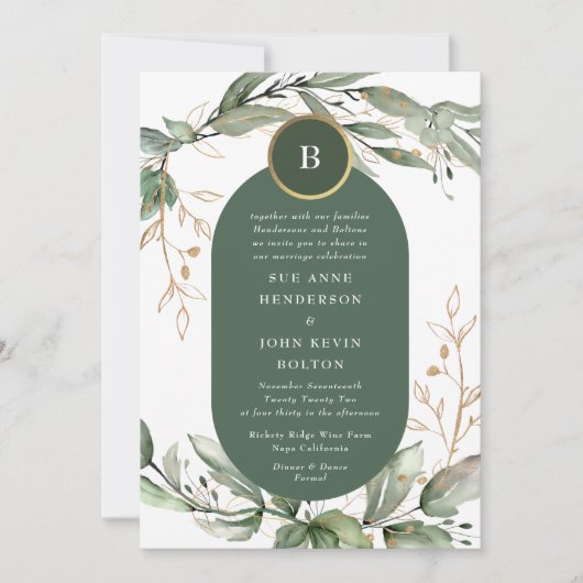Elegant Gold Eucalyptus Greenery Boho Moss Green Einladung (Vorderseite)