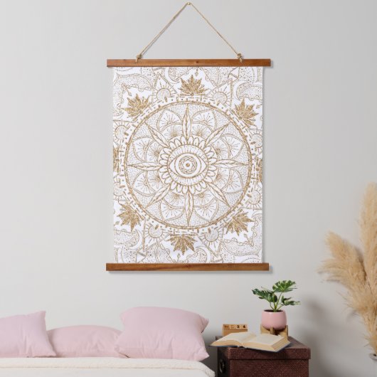 Elegant Gold Eye Sun Moon Mandala White Wandteppich Mit Holzrahmen (Schlafzimmer)
