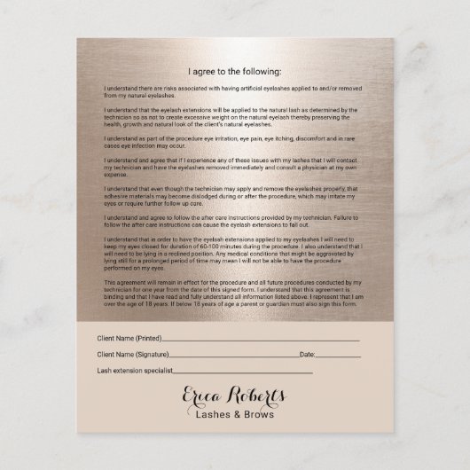 Elegant Gold Eyelash Extensions Liability Waiver Flyer (Hinten)