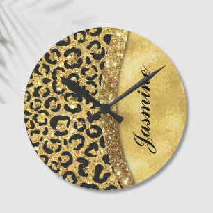 Elegant gold faux glitter animal print Monogram Runde Wanduhr