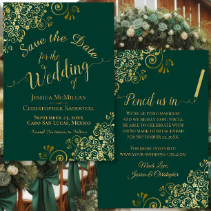 Elegant Gold Filigree Extravagant Emerald Green We Save The Date