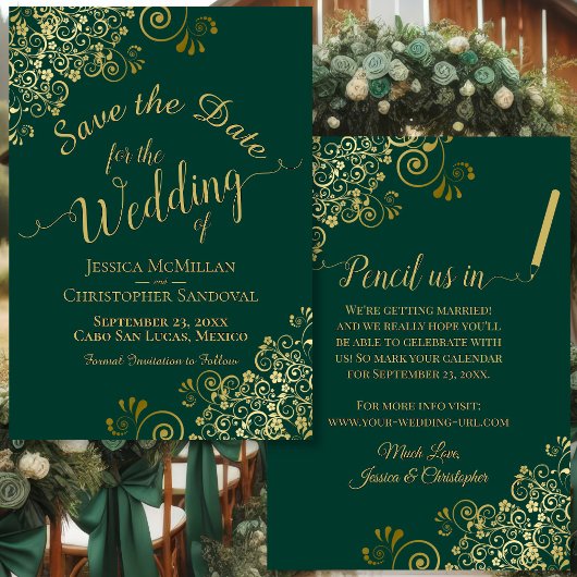 Elegant Gold Filigree Extravagant Emerald Green We Save The Date