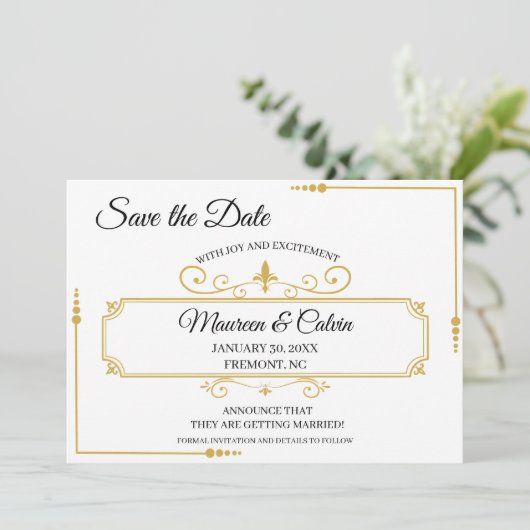 Elegant Gold Filigree on White, Save the Date Einladung (Stehend Vorderseite)