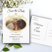 Elegant Gold Filigree on White, Save the Date Postkarte