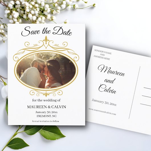 Elegant Gold Filigree on White, Save the Date Postkarte