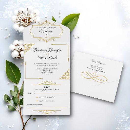 Elegant Gold Filigree on White, Wedding All In One Einladung
