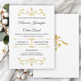 Elegant Gold Filigree on White, Wedding Einladung