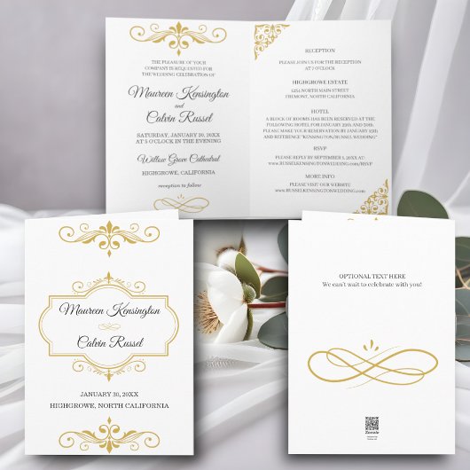 Elegant Gold Filigree on White, Wedding Einladung