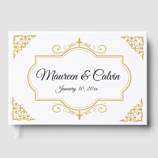Elegant Gold Filigree on White, Wedding Gästebuch (Vorderseite)
