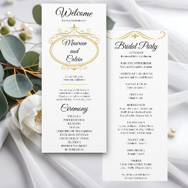 Elegant Gold Filigree on White Wedding Program Menükarte