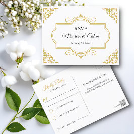 Elegant Gold Filigree on White, Wedding RSVP Postkarte