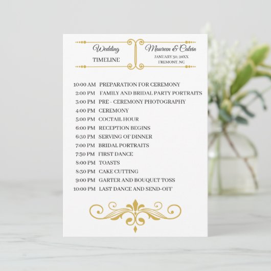 Elegant Gold Filigree on White, Wedding Timeline Programm (Stehend Vorderseite)