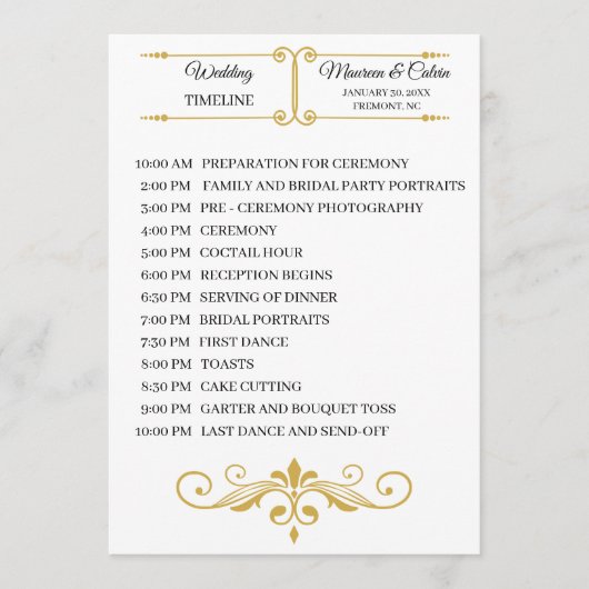 Elegant Gold Filigree on White, Wedding Timeline Programm (Vorderseite)