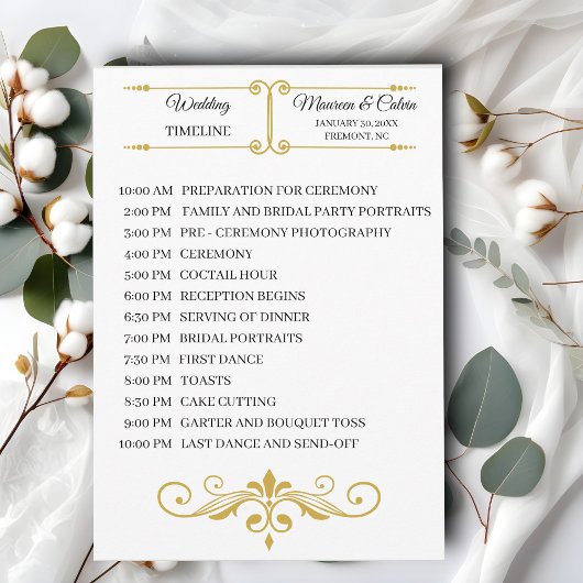 Elegant Gold Filigree on White, Wedding Timeline Programm