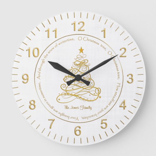 Elegant Gold Filigree Tree "O Christmas Tree" Cir Große Wanduhr (Vorderseite)