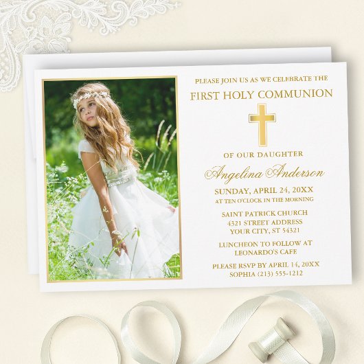 Elegant Gold First Holy Communion Photo Einladung