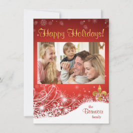Elegant Gold Fleur Red Holiday Foto Greeting Card Feiertagskarte