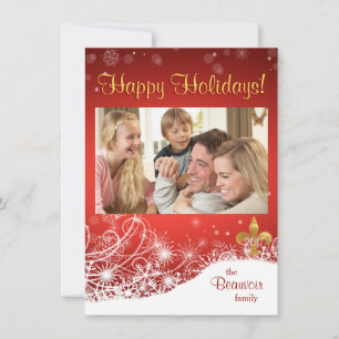 Elegant Gold Fleur Red Holiday Foto Greeting Card Feiertagskarte