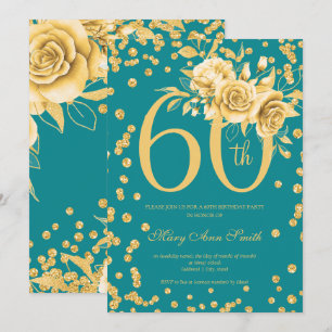 Elegant Gold Floral 60. Geburtstagsparty Aquamarin Einladung