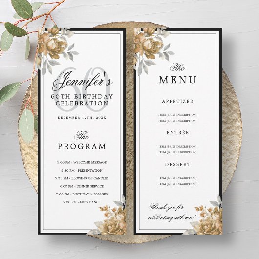Elegant Gold Floral 60th Birthday Program Menu Einladung