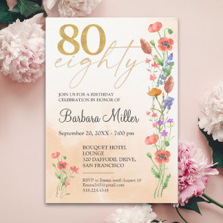 Elegant Gold Floral 80. Geburtstag - 80 Jahre Einladung