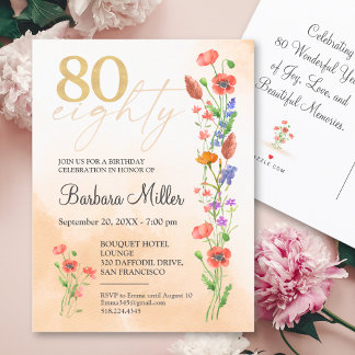 Elegant Gold Floral 80. Geburtstag - 80 Jahre Einladungspostkarte