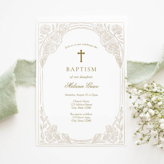 Elegant Gold Floral Baptism Invitation Einladung