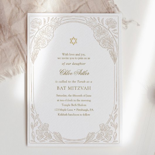 Elegant Gold Floral Bat Mitzvah Einladung