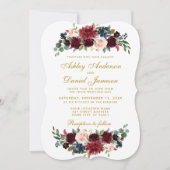 Elegant Gold Floral Blue Burgundy Wedding BR Einladung (Vorderseite)